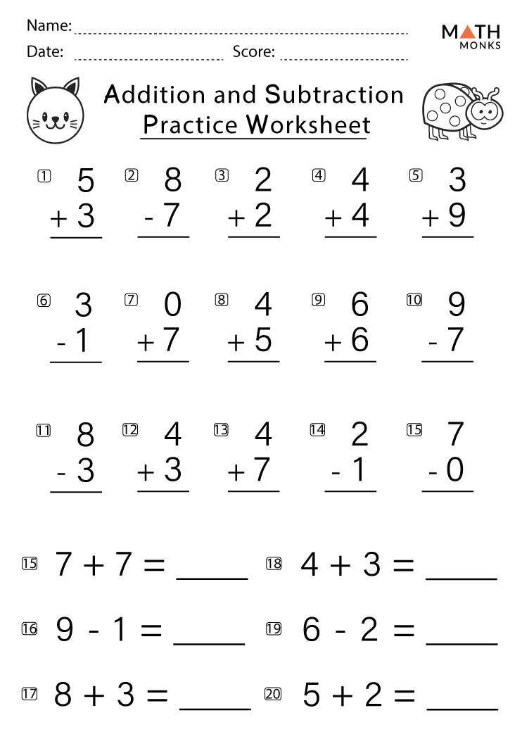 addition and subtraction worksheets for grade 1 with answer key