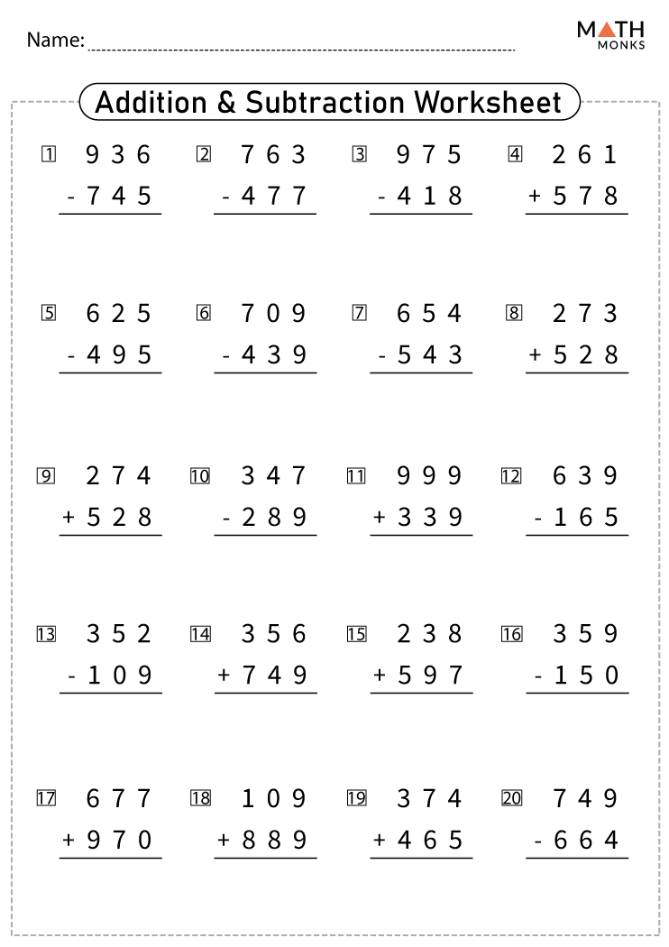 Multi Digit Addition And Subtraction Worksheets 4th Grade