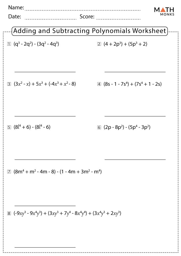 Adding And Subtracting Polynomials Worksheets With Answer Key