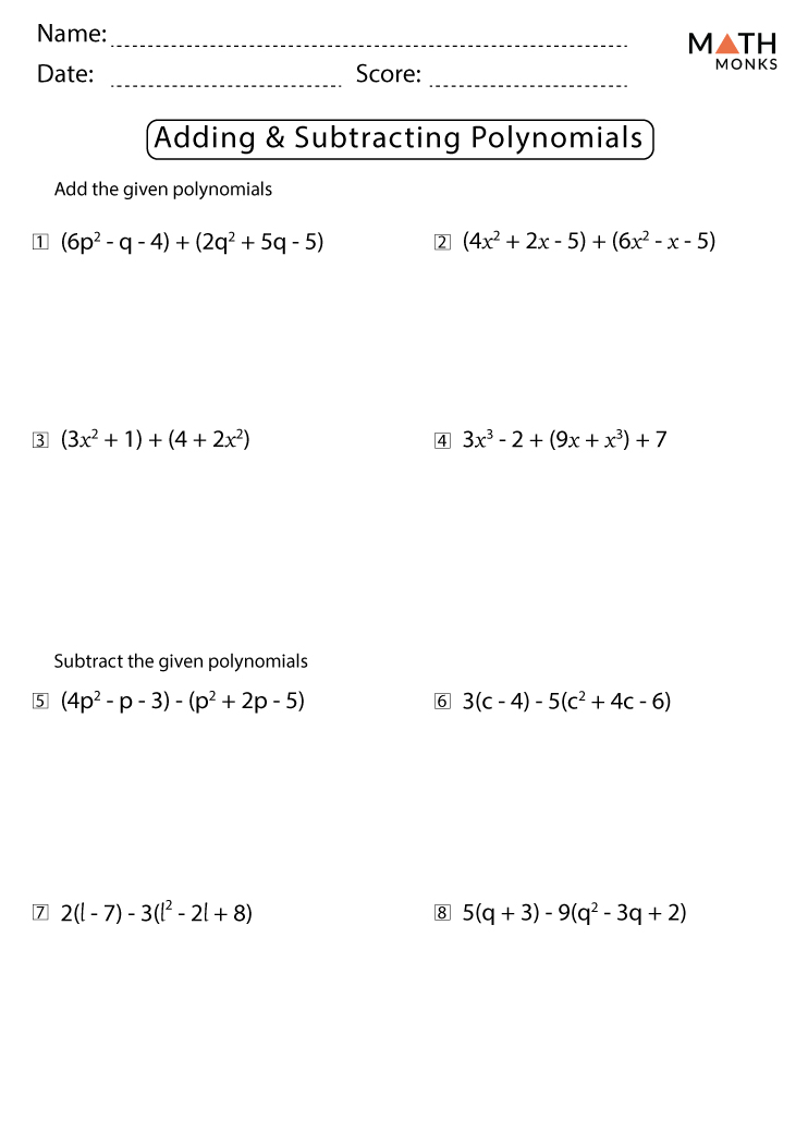 Addition And Subtraction Of Polynomials Worksheet Answers