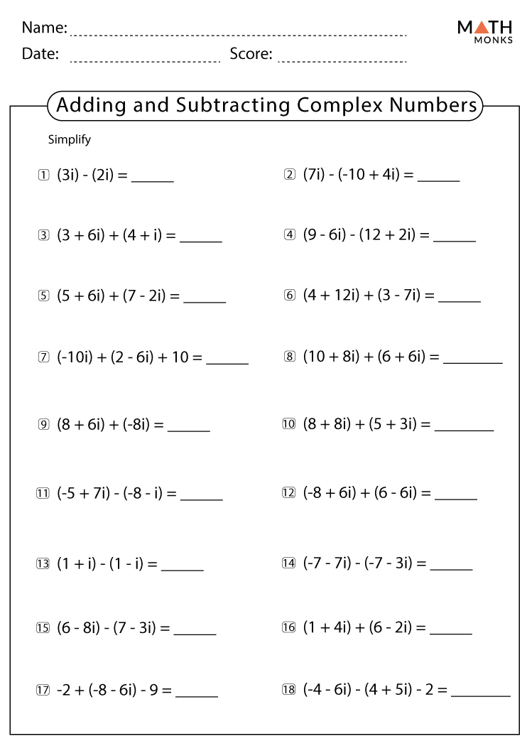 Addition And Subtraction Of Complex Numbers Worksheet 1 Answer Key