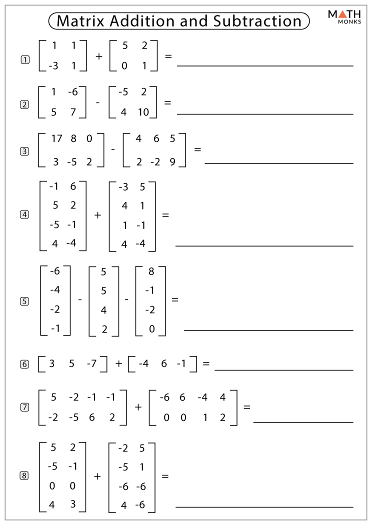 addition and subtraction of matrices worksheet answers sheet 1