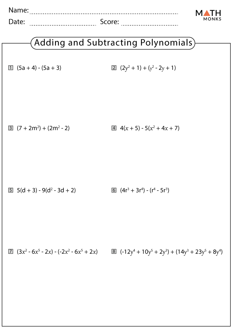 Addition And Subtraction Of Polynomials Worksheet For Grade 7