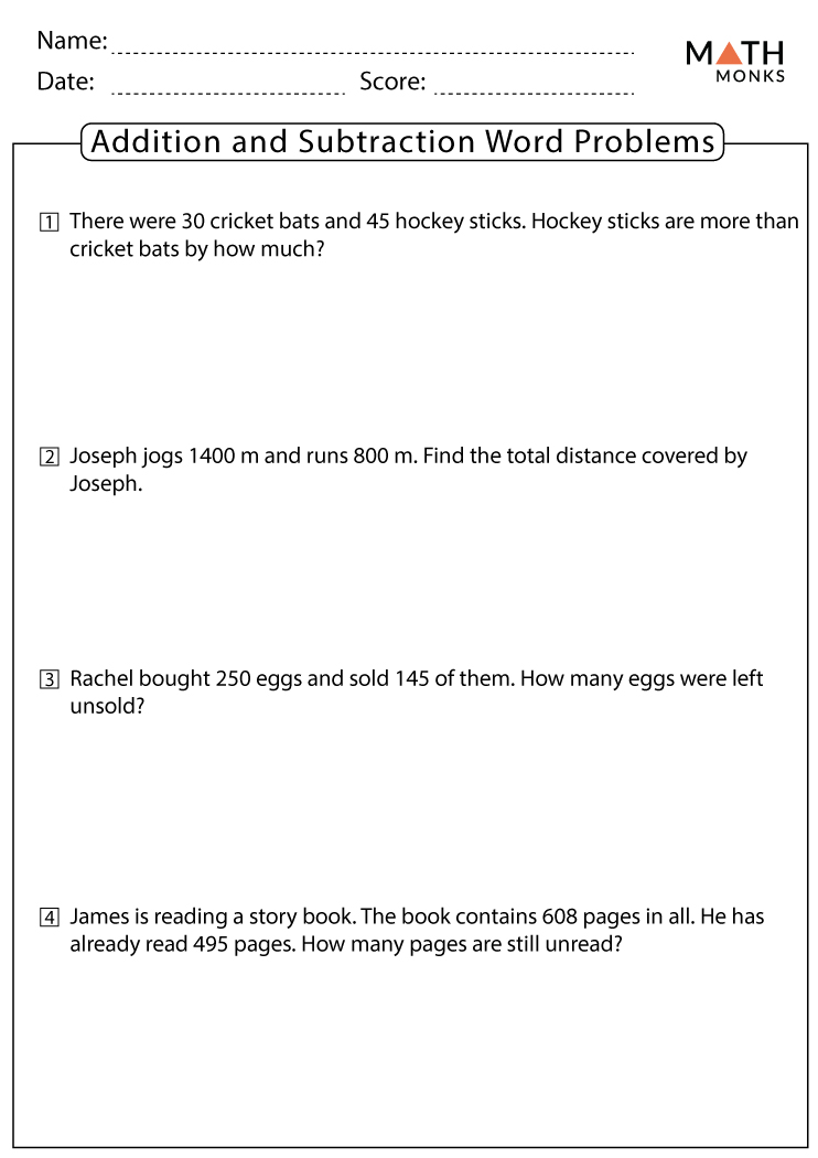word problems of addition and subtraction for class 4