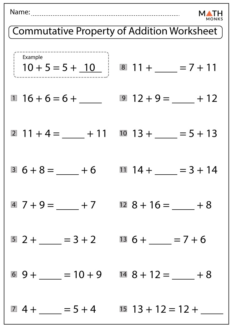 3 Numbers Communative Property Addition Worksheets
