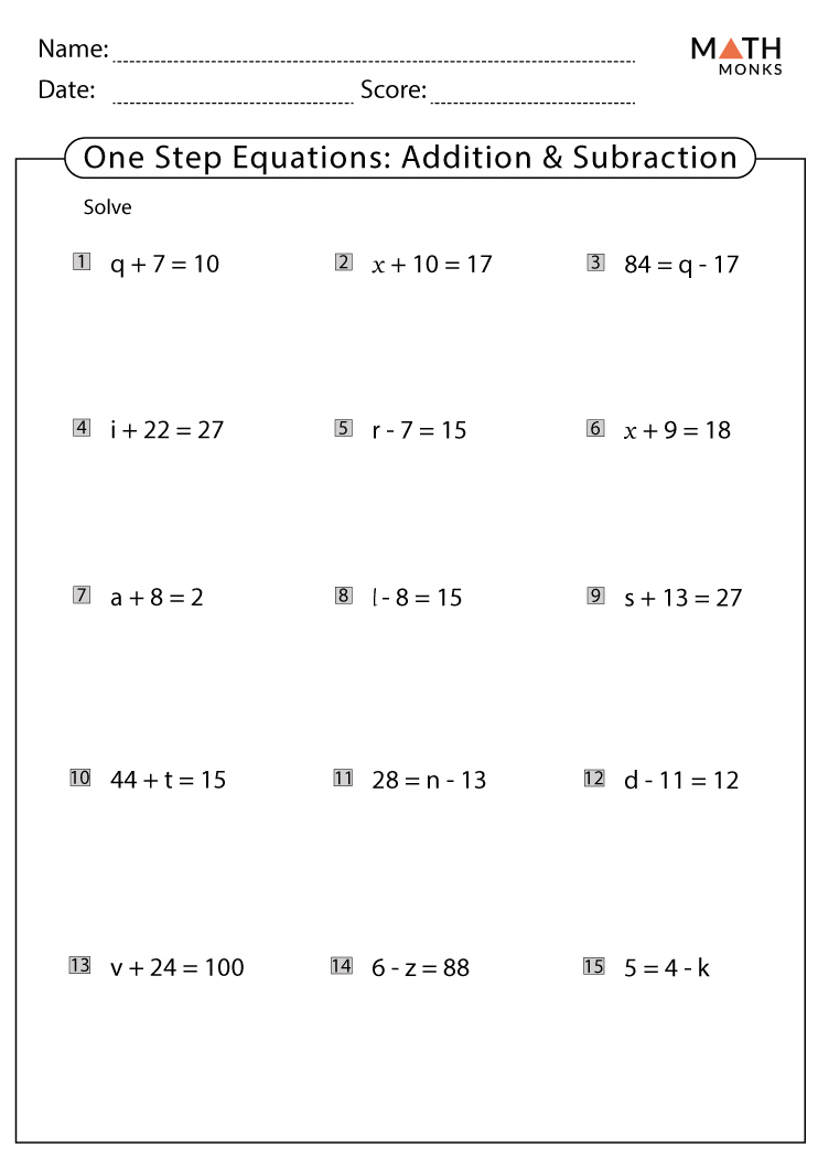 1 Step Equations Worksheet Addition Subtraction