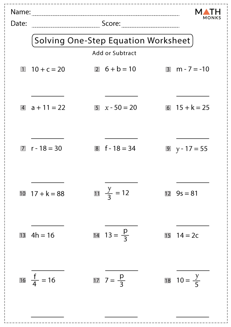 One Step Addition And Subtraction Equations Worksheet