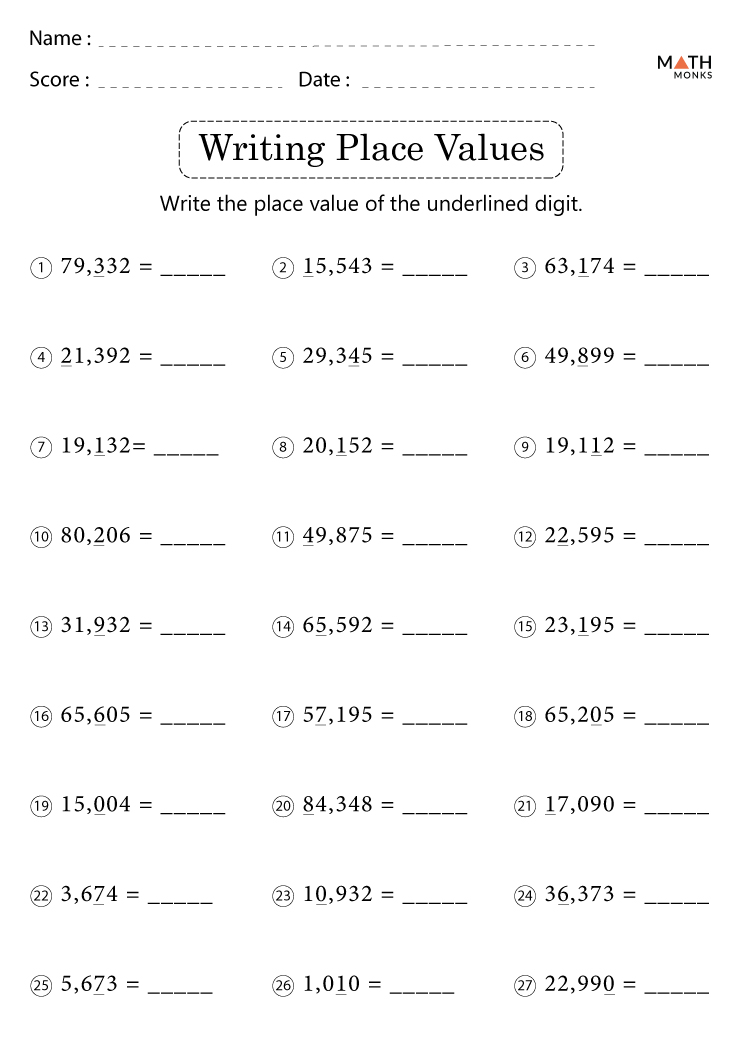 free printable math worksheets for 4th grade place value elcho table