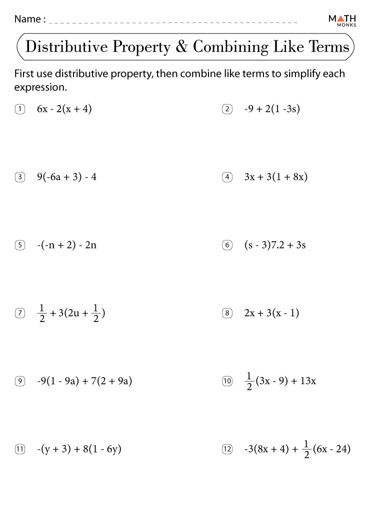 Combining Like Terms And Distributive Property Worksheet Answer Key