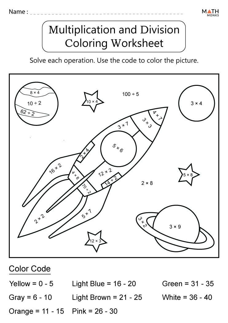 color by number multiplication and division worksheets with answer key