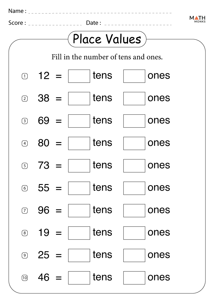 Math Worksheets For Grade 1 Place Value Worksheets For Kindergarten