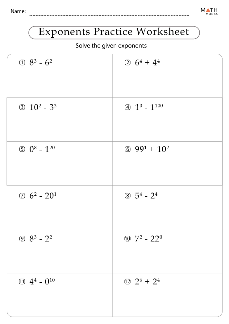 Evaluate Exponents Worksheets