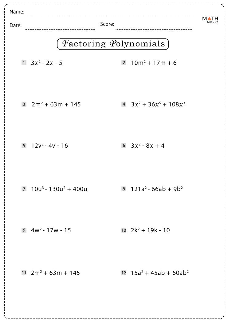 problem solving involving factoring polynomials worksheet