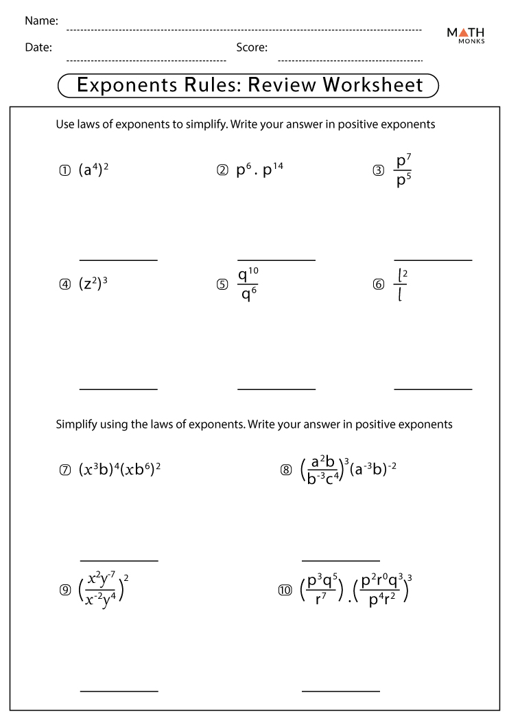 Exponents Worksheets With Answer Key