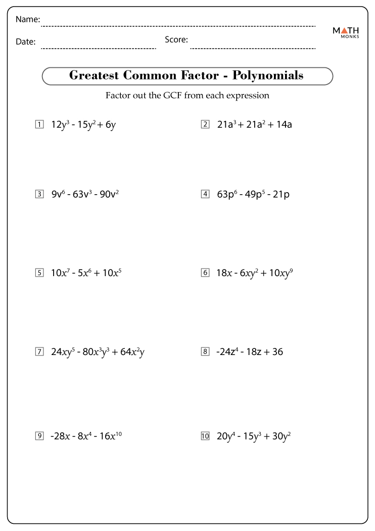 Greatest Common Factor Worksheets