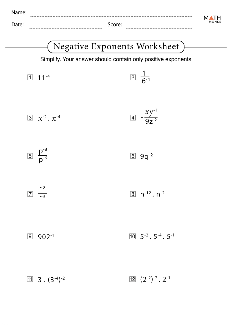 Negative Exponents Worksheets With Answer Key