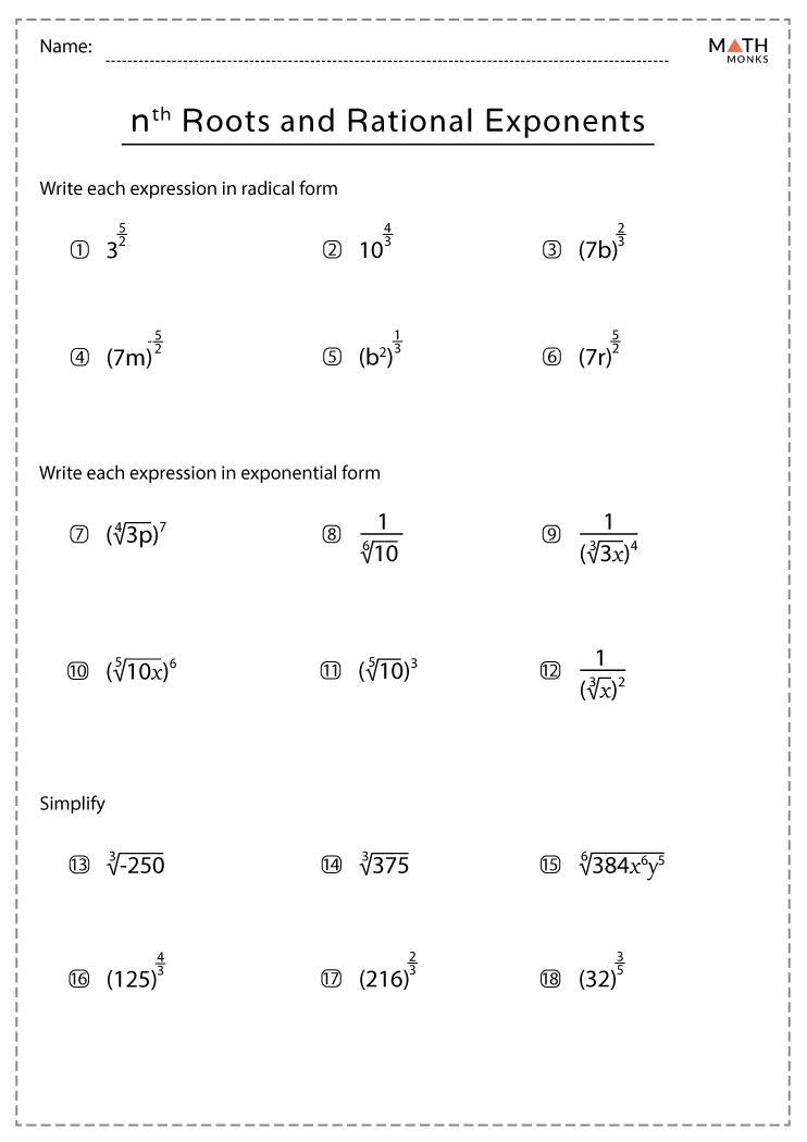 Rational Exponents Real Number Exponents Worksheet