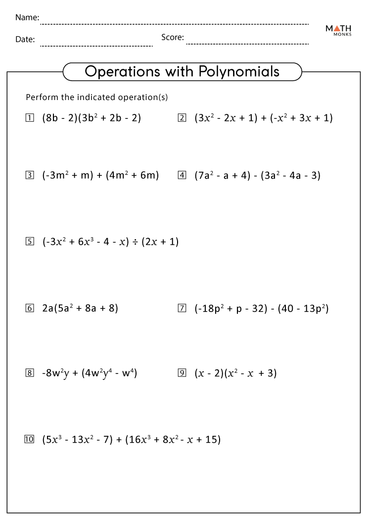 Printable Math Worksheets Polynomials