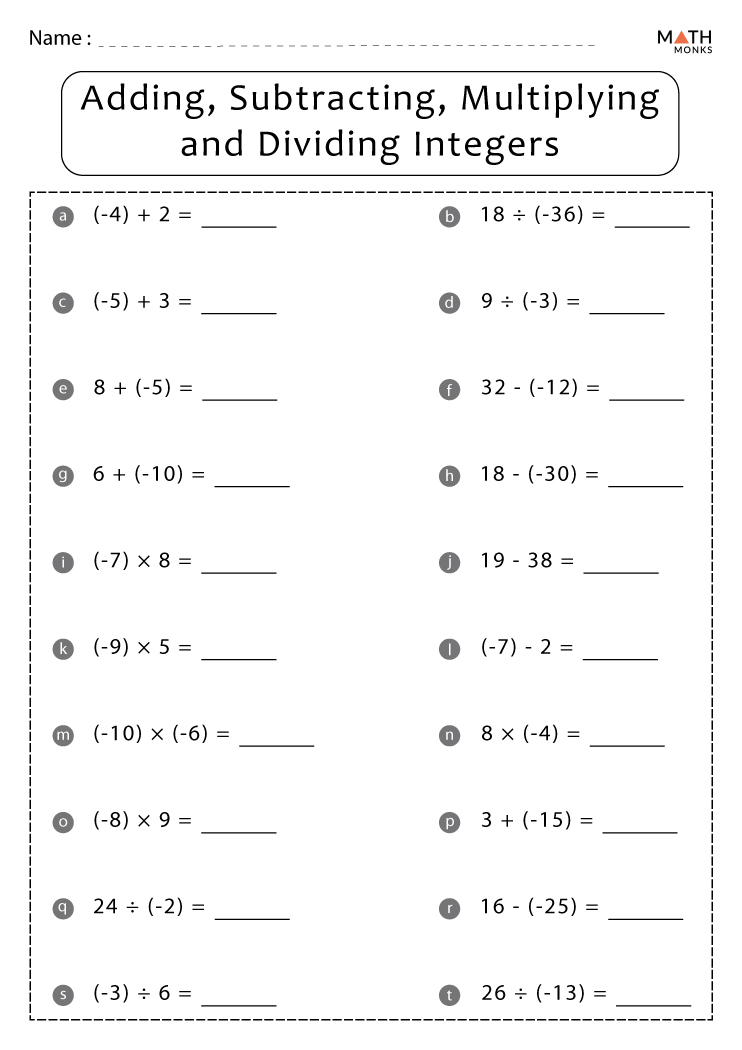Integer Addition And Subtraction Worksheets