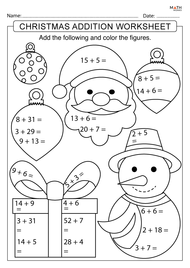 Christmas Addition Worksheets with Answer Key