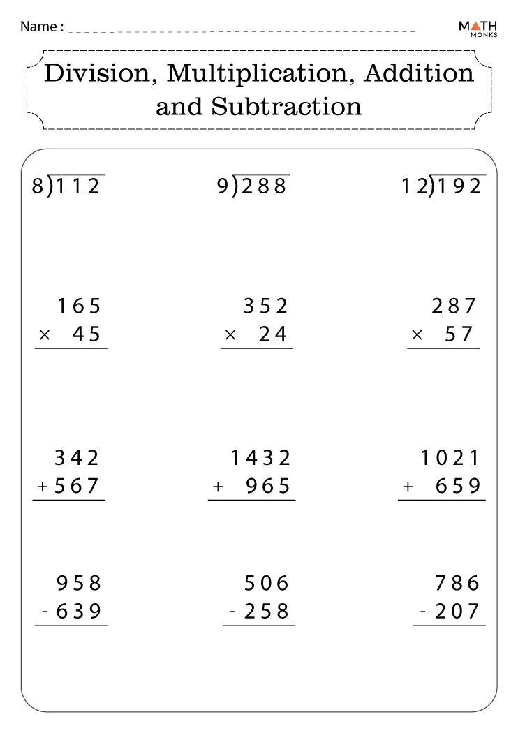 Addition Subtraction Multiplication Division Worksheets Free Printable Worksheet