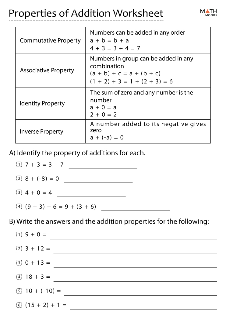 Properties Of Addition Worksheets With Answer Key