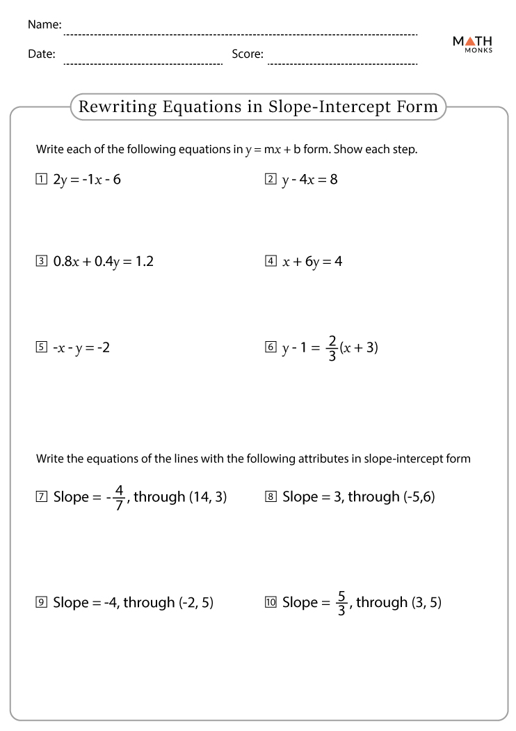 homework 2 standard & slope intercept form answer key