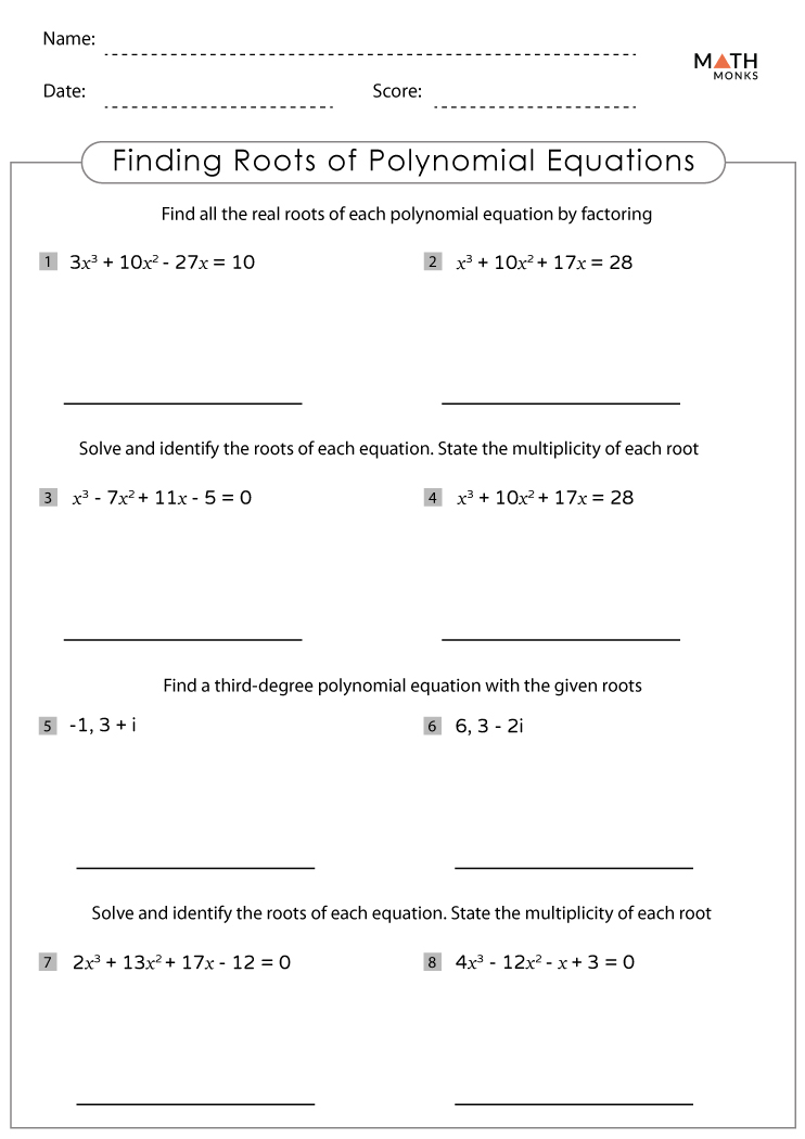 Solving Polynomial Equations Worksheets with Answer Key