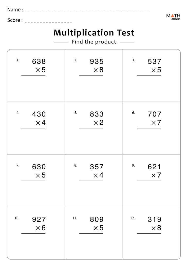 Multiplication Test Worksheet Grade 4 Printable