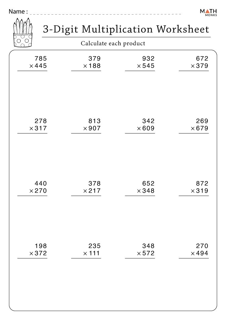 3 Digit Multiplication Worksheets with Answer Key