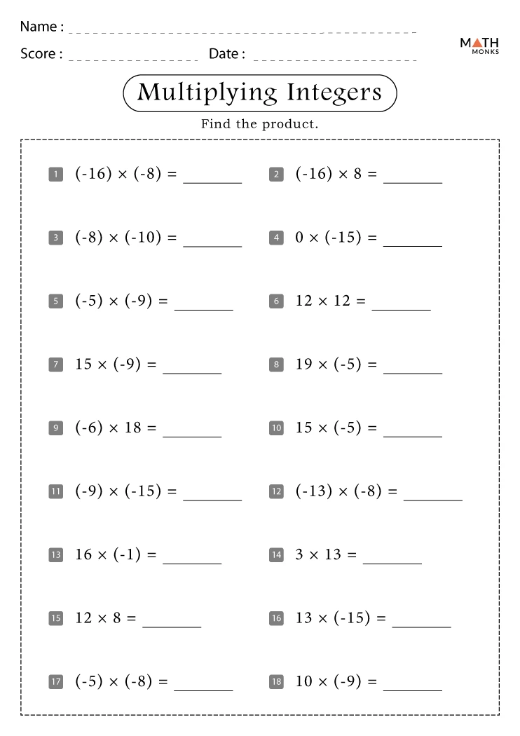 7th Grade Multiplication Integers Worksheet