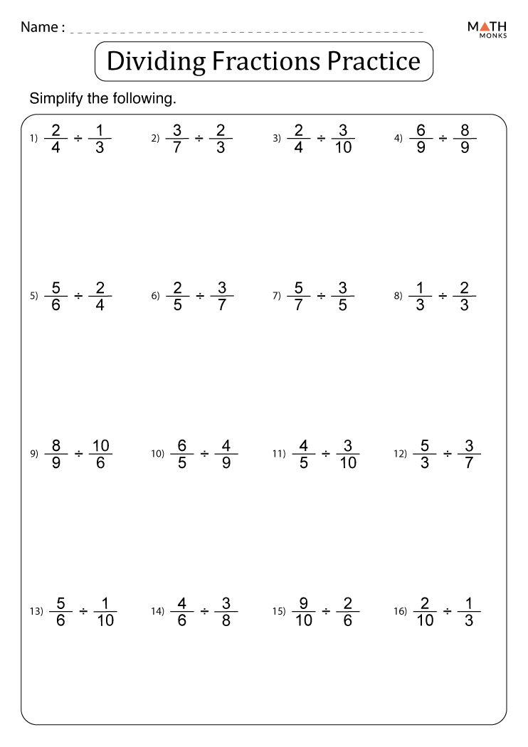 Dividing Fractions Worksheets with Answer Key
