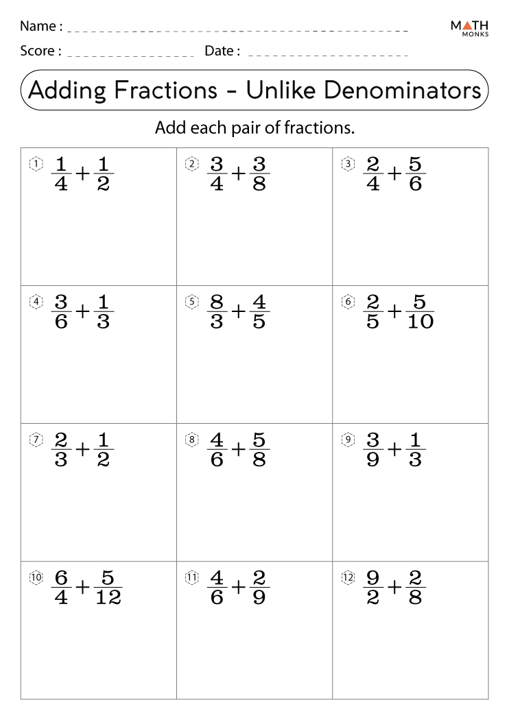 Adding Fractions Different Denominators Worksheet Tes