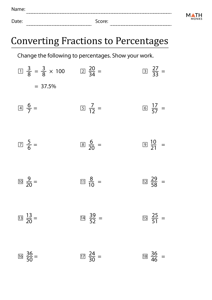 Fraction to Percent Worksheets Math Monks