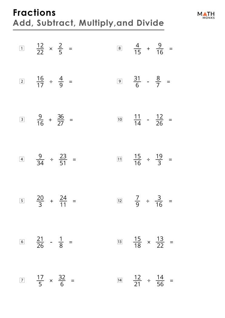 Addition Subtraction Multiplication Division Fractions Worksheets