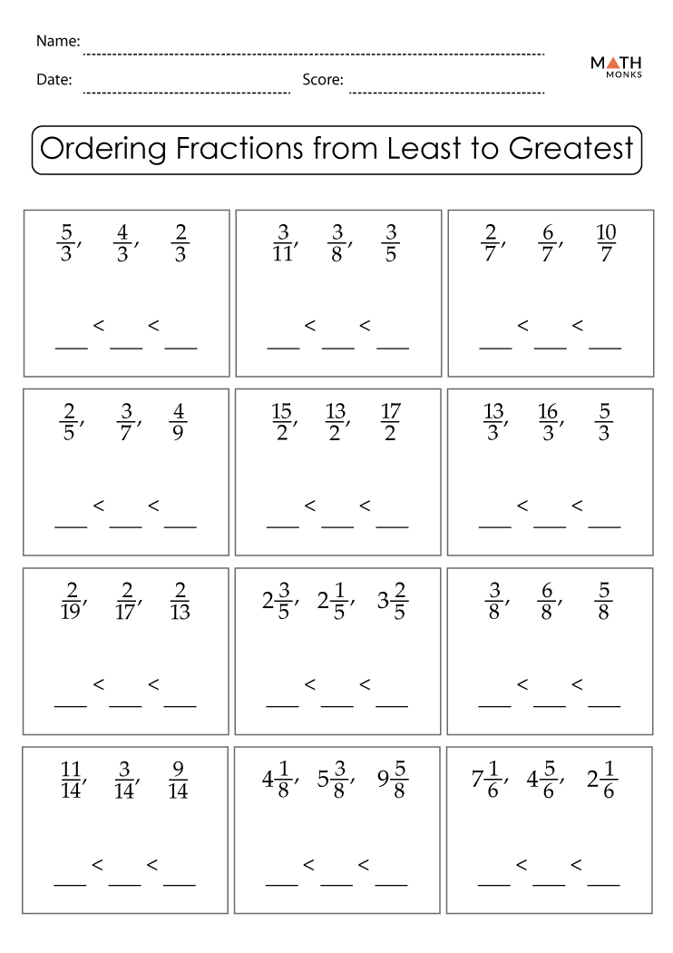 Ordering Fractions Worksheets Math Monks