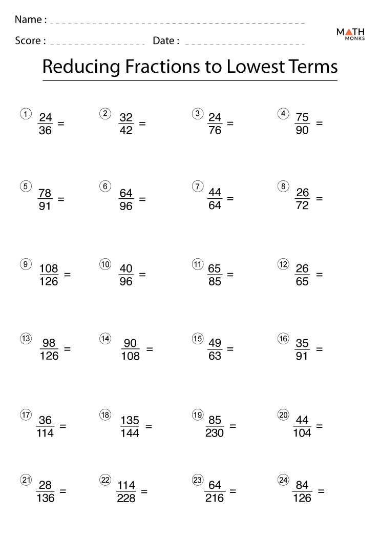 Reducing Fractions Worksheets Math Monks