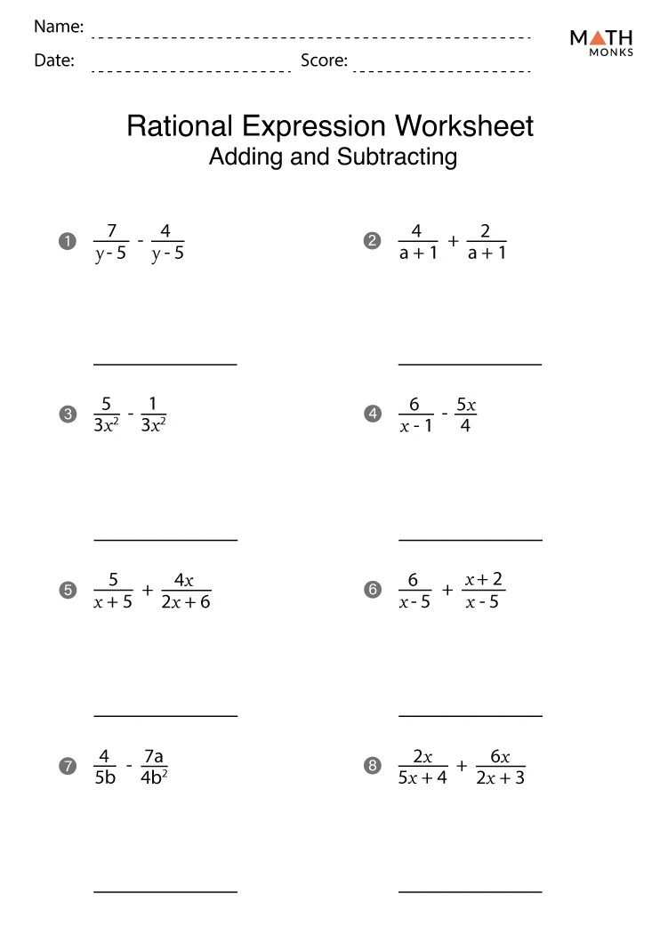 Adding and Subtracting Rational Expressions Worksheets Math Monks