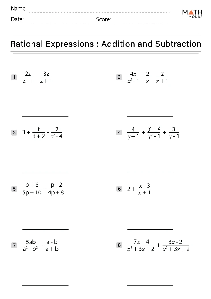 Adding and Subtracting Rational Expressions Worksheets - Math Monks