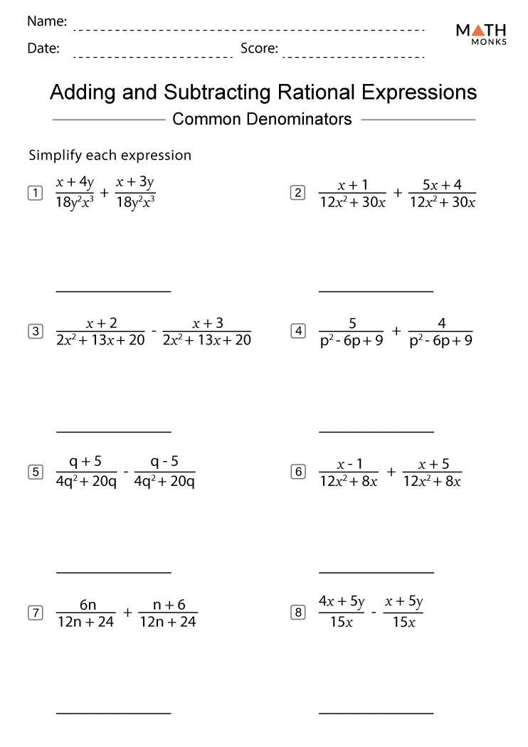 Adding and Subtracting Rational Expressions Worksheets Math Monks