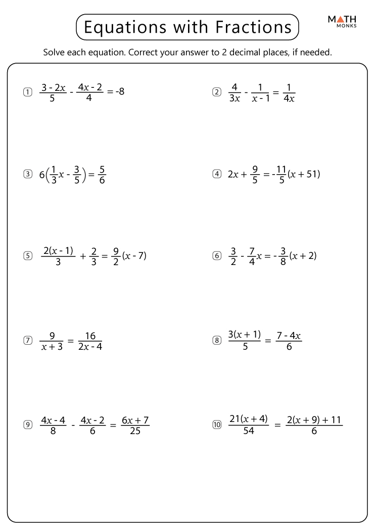Solving Equations With Mixed Numbers Fractions Worksheet