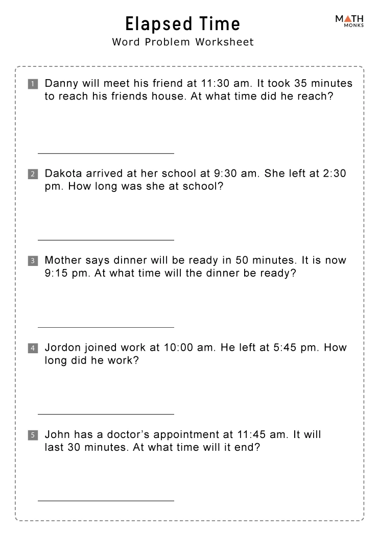 Elapsed Time Within The Hour Worksheets