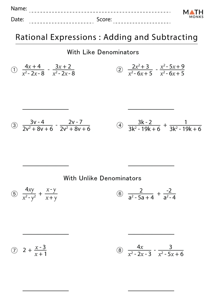 Adding and Subtracting Rational Expressions Worksheets Math Monks