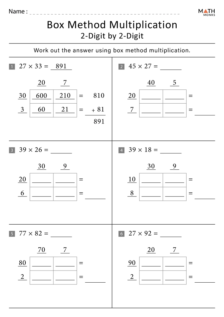 Area Model Multiplication 1 Digit By 2 Digit Worksheet