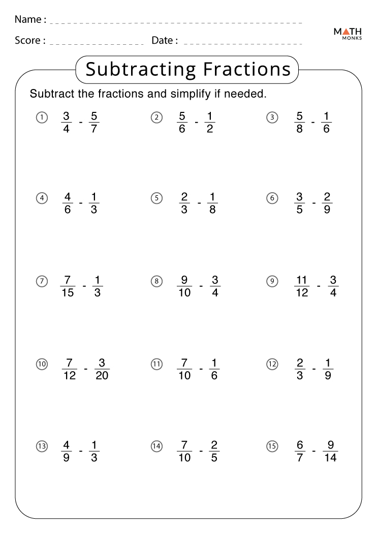 Subtracting Fractions Worksheets - Math Monks