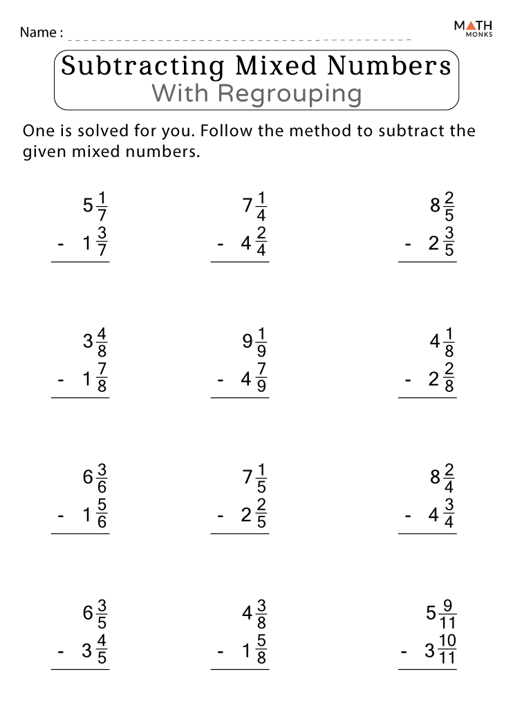 Subtracting Fractions With Regrouping Same Denominator Worksheet