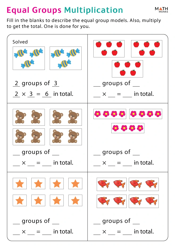 Multiplication Using Equal Groups Worksheets