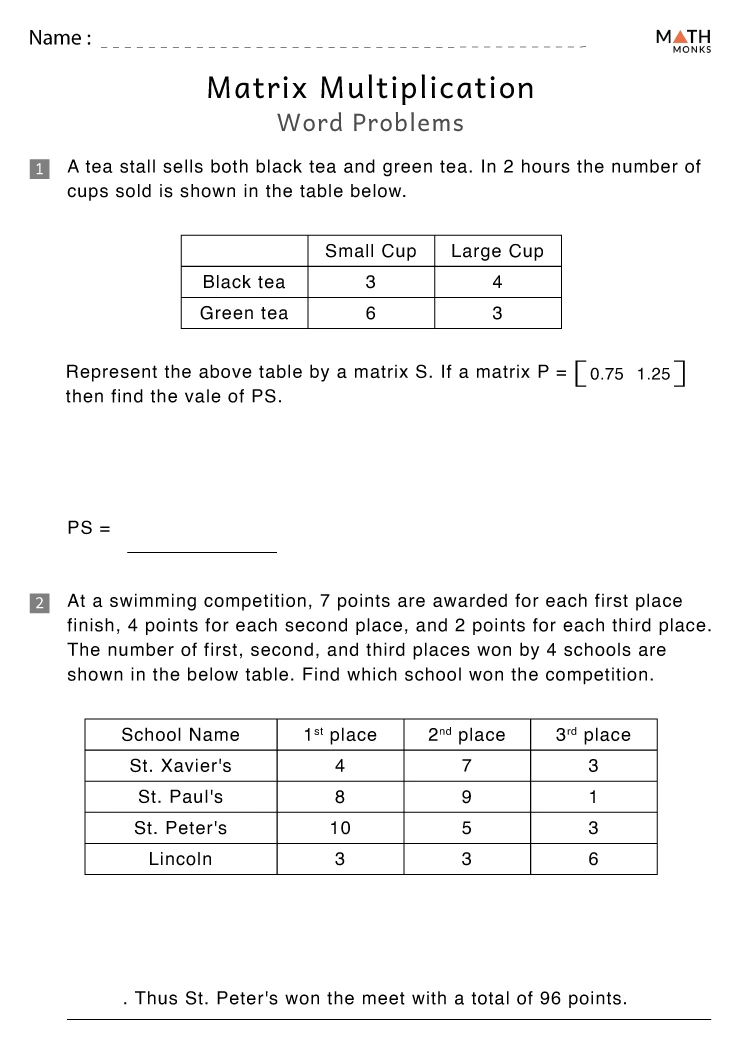 Matrix Multiplication Worksheets Math Monks