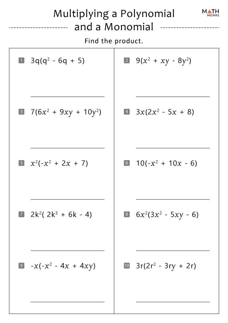 Multiplication Of Monomial By Monomial Worksheet