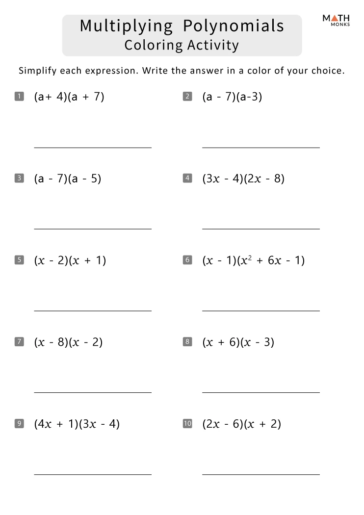 Multiplying Polynomials Worksheets Math Monks